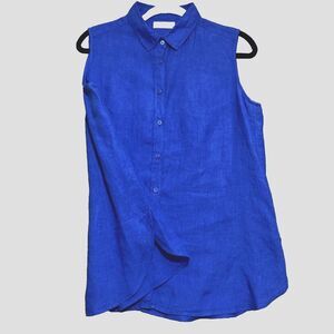 Uniqlo Women's 100% Linen Size Large Cobalt Blue Button Up Sleeveless top